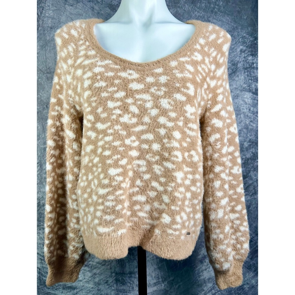 Abercrombie & Fitch Sweater Womens M Tan White Fawn Animal Print Fuzzy Eyelash